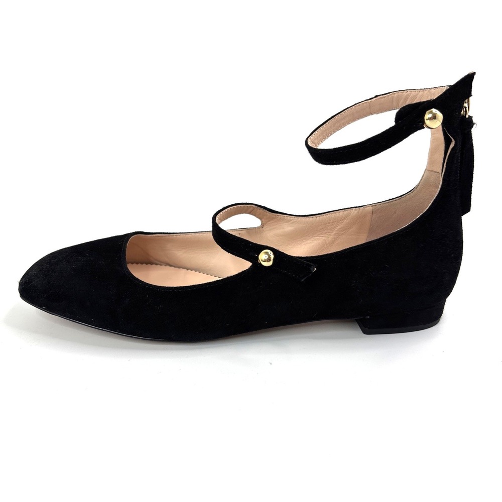 J Crew Black Leather Suede Square Toe Ballet Flats Ankle Strap Womens 7 1/2